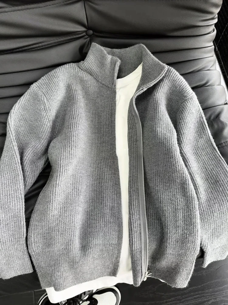 

Мужской вязаный свитер на молнии с воротником-стойкой, повседневный, удобный, свободного кроя, из полиэфирного волокна, с длинными рукавами, для осени