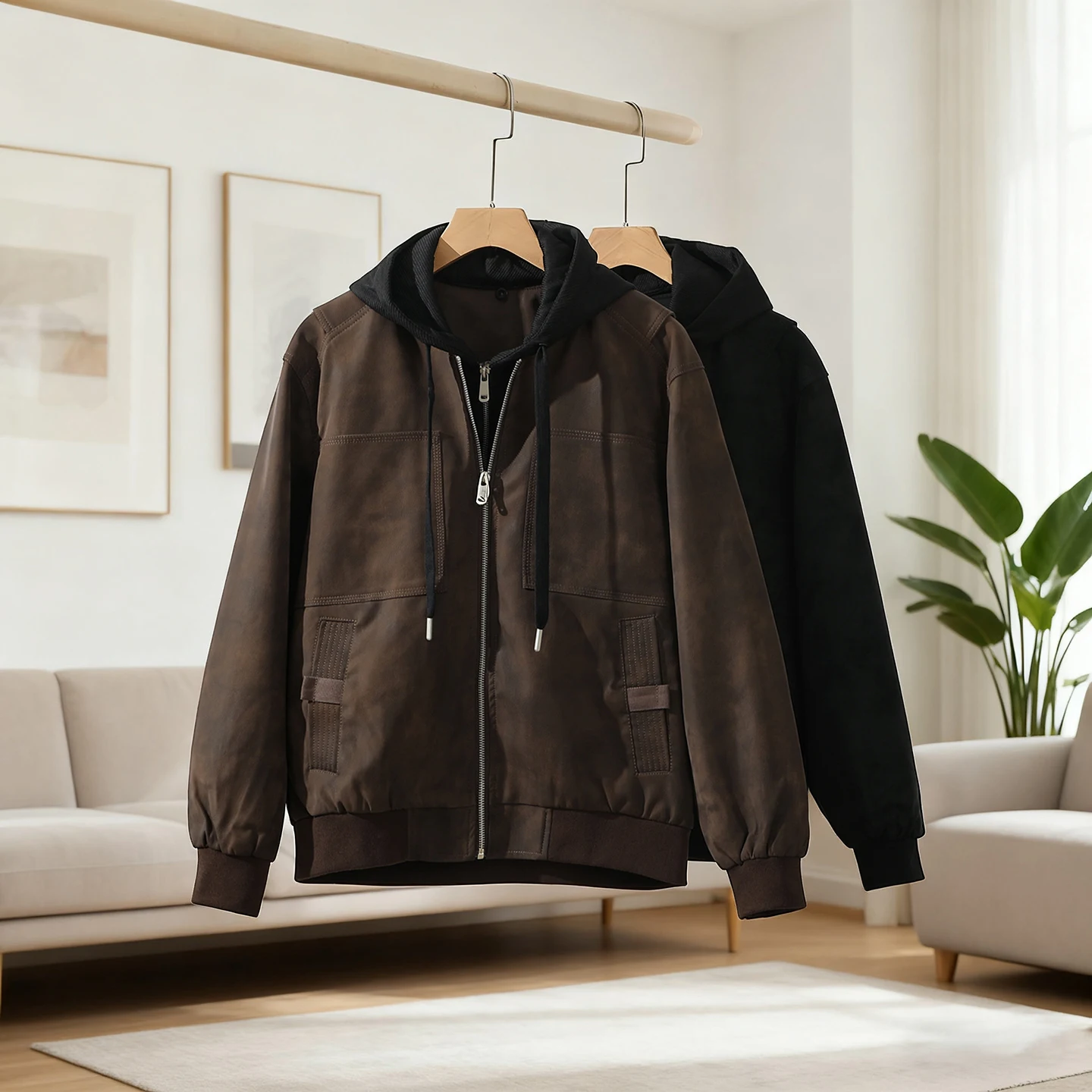 

Retro Tech Leather Jaet Detachable Casual Early Autumn Leather Coat for Men Stand Fit Long Sve Zipper Closure Hat