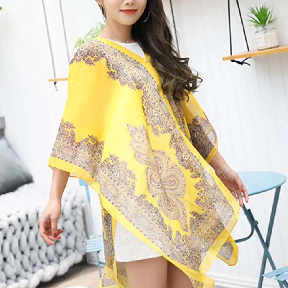 Chiffon Women Shawl Cashew Print Beads Temperament Shawl 3/4 Sleeve V Neck Beach Shawl Vacation Anti Sun Sexy Cover Up Shawls