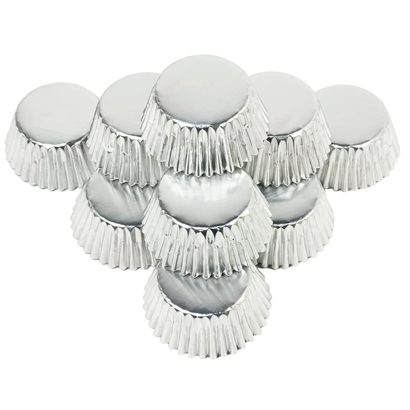 A74E-Mini 500 Uds. Revestimientos para cupcakes de lámina plateada para hornear tazas gruesas y resistentes, resistentes al aceite, papel de revestimiento para muffins