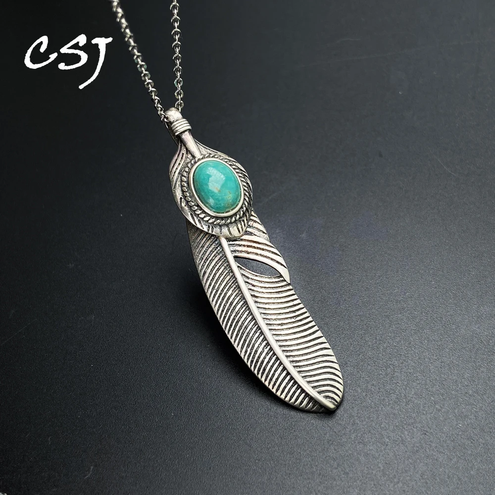 Vintage Natural Turquoise Pendants 925 Silver Gemstone Feather Thai Silver Necklace for Women Party Jewelry Gift