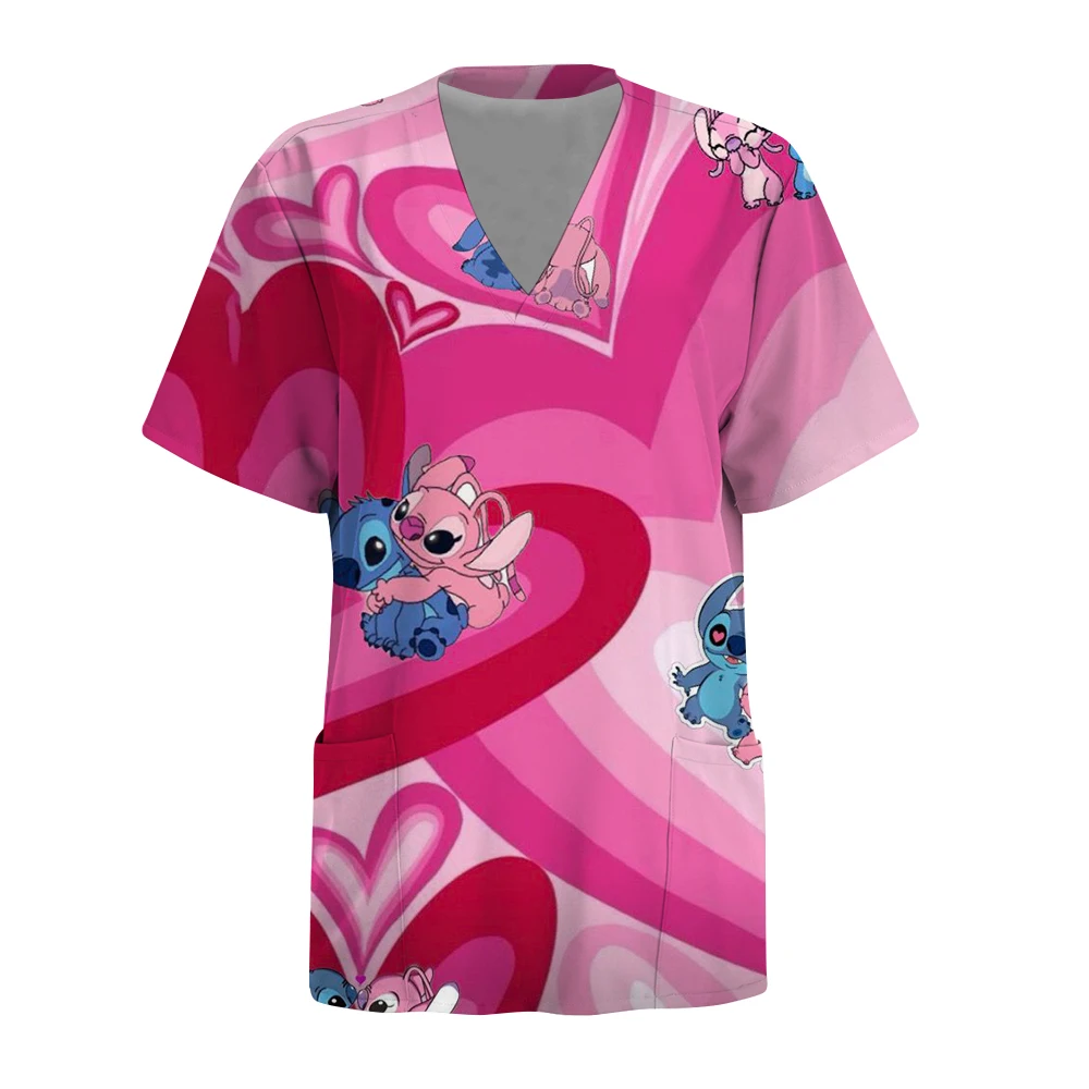 Disney Stitch stampa Estate Abbigliamento da infermiera da donna Uniforme da lavoro Tasca con scollo a V Scrub infermieristico Top Negozio di animali Salone di bellezza Lavoro dentale