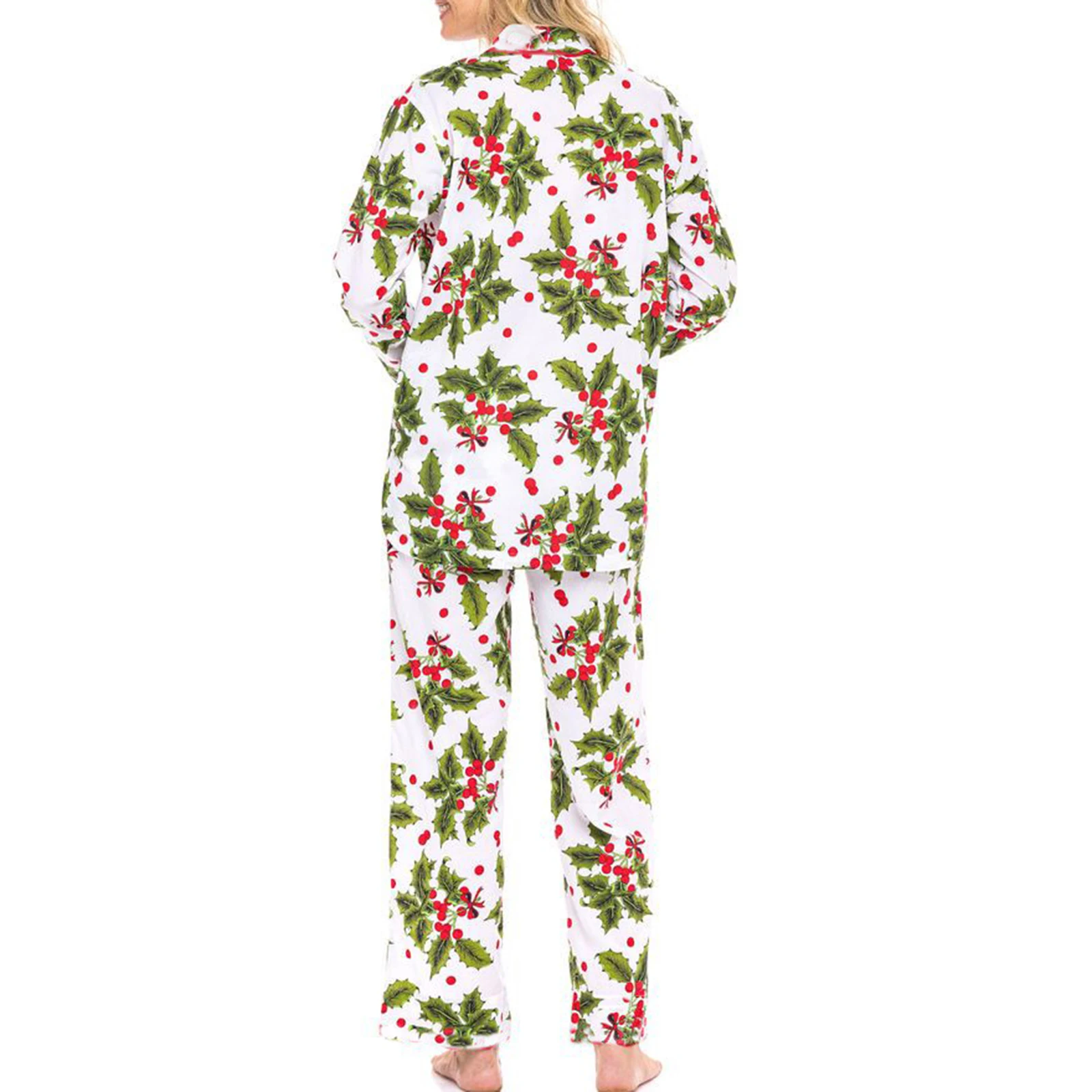 HEZIOWYUN Women’s 2 Piece Christmas All-over Printed Pajama Set Scalloped Trim Long Sleeve Button Up Shirt + Pants Loungewear