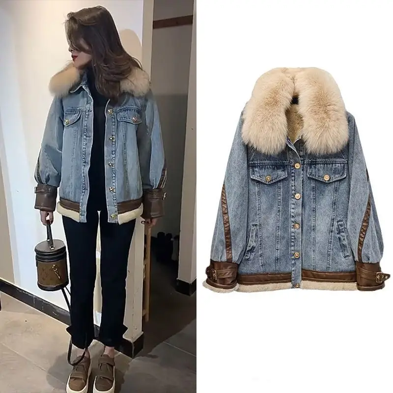 

Женский зимний новый стиль на флисовой подкладке в стиле пэчворк с меховым воротником, свободный утягивающий утолщенный хлопковый воротник из искусственной овчины Co