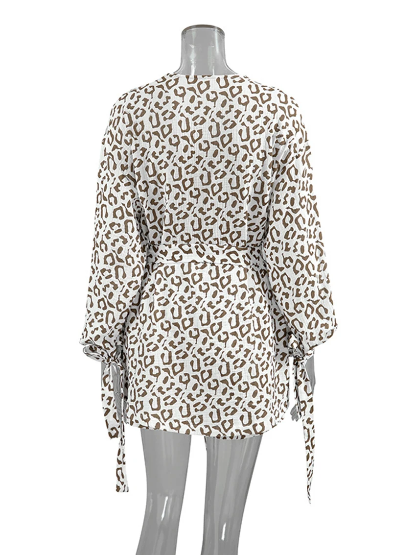 Marthaqiqi Leopard Print Women Nightwear Suit V-Neck Robe Long Sleeve Pajama Lace Up Nightie Shorts Causal Ladies Nightgowns Set