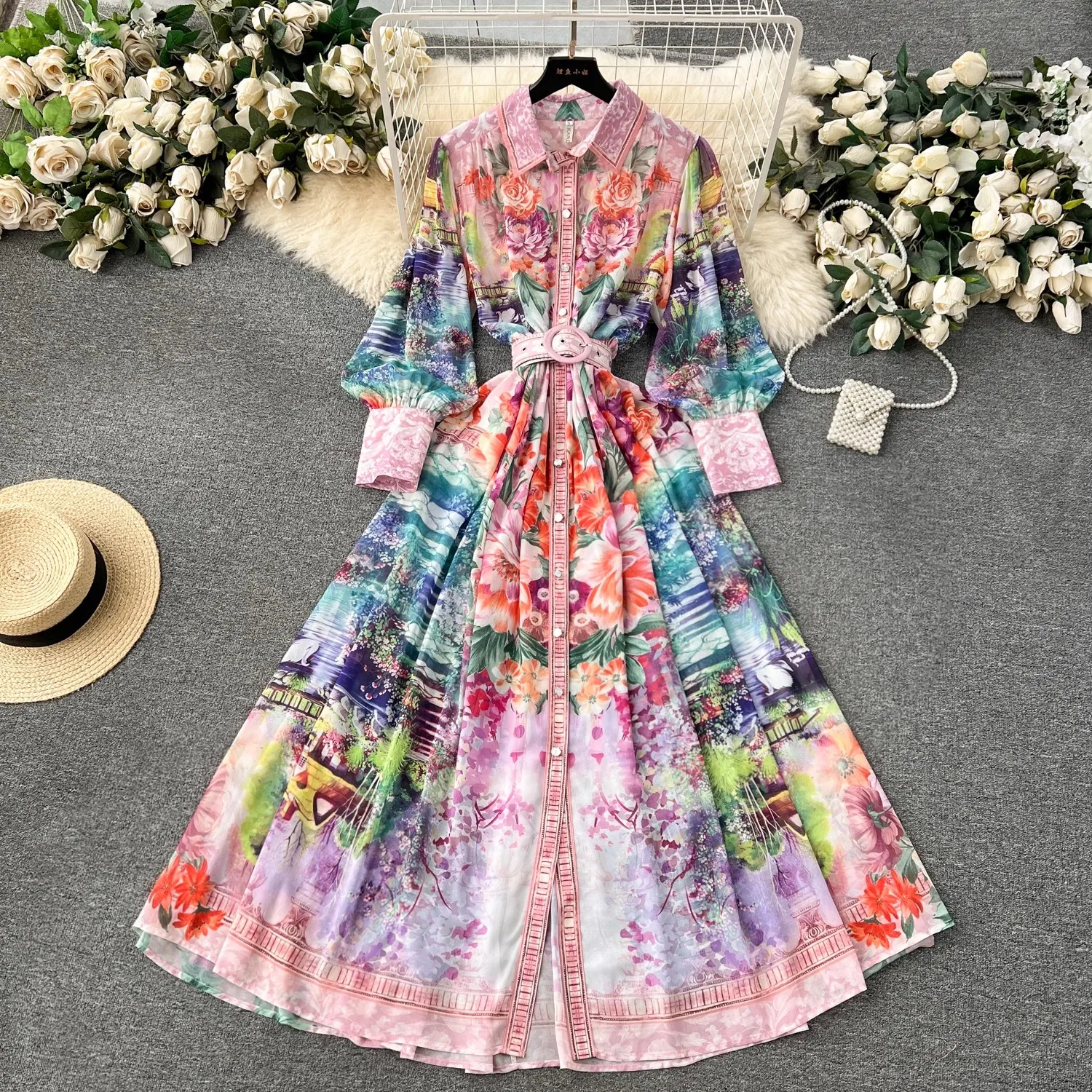 Spring Summer Holiday Gorgeous Flower Chiffon Dresses Women\'s Stand Long Lantern Sleeve Belt Floral Print Loose Robe Vestidos