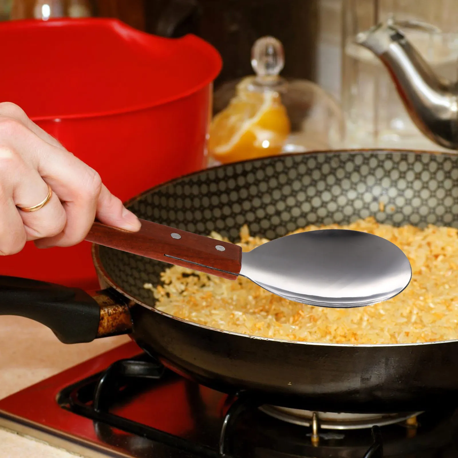 

2Pcs Large Spoons Cooking Supplies Non stick Cooking Supplies Heat Insulation Kitchen Tools Wooden Handle Curved Angle