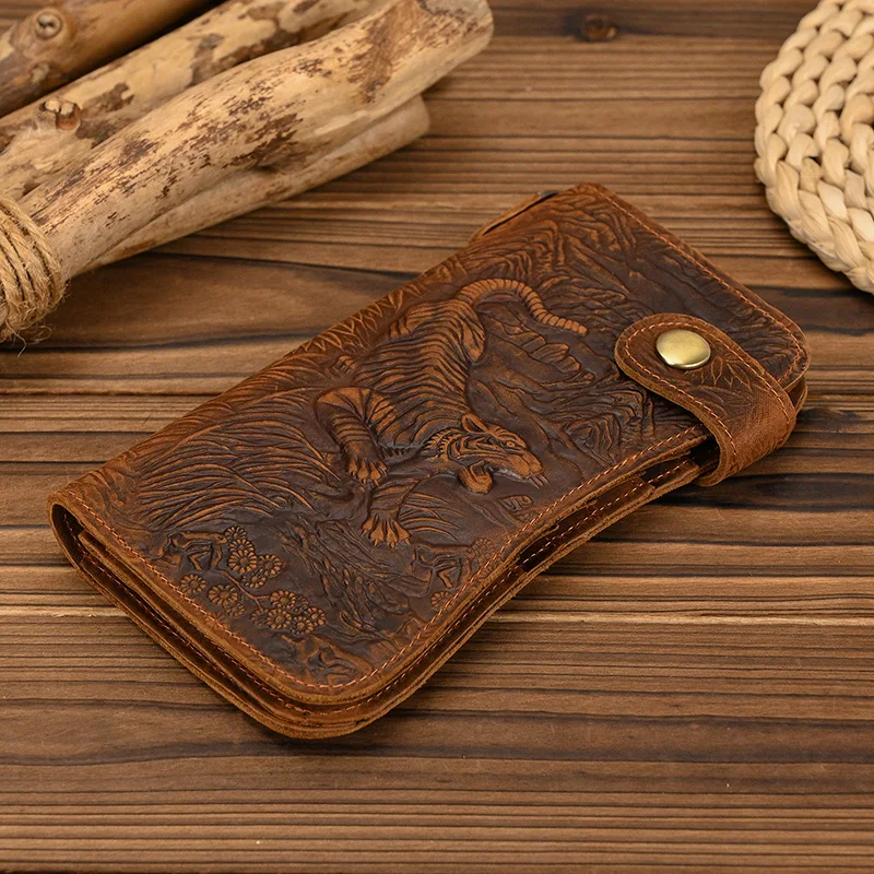 Newsbirds luxury brand designer men leather wallet 3D Tiger Dragon embossing cowhide men\'s wallet with iron chain high fashion