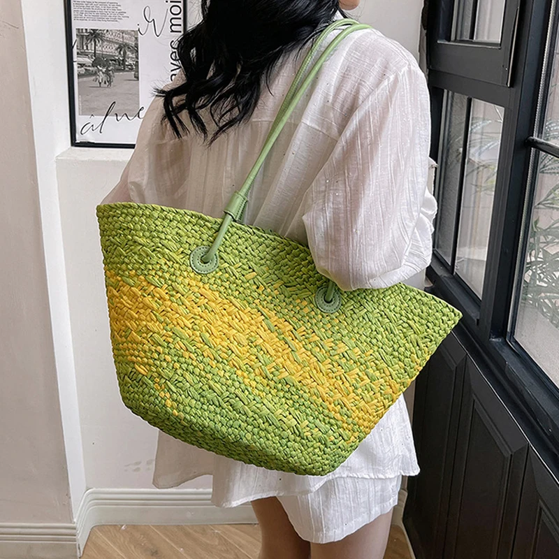 Colorful Straw Basket Bag Casual Large Capacity Tote Bag Summer Beach Shoulder Bags Big Bucket Handbags Weave Vacation Bag 2024