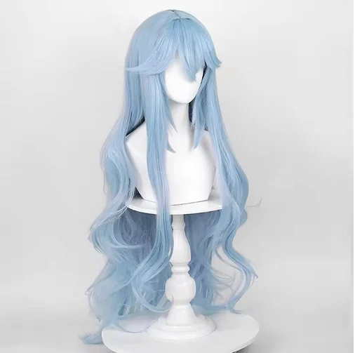 Wig wanita biru sintetis panjang bergelombang, Wig Cosplay Game Anime halus tahan panas untuk pesta sehari-hari