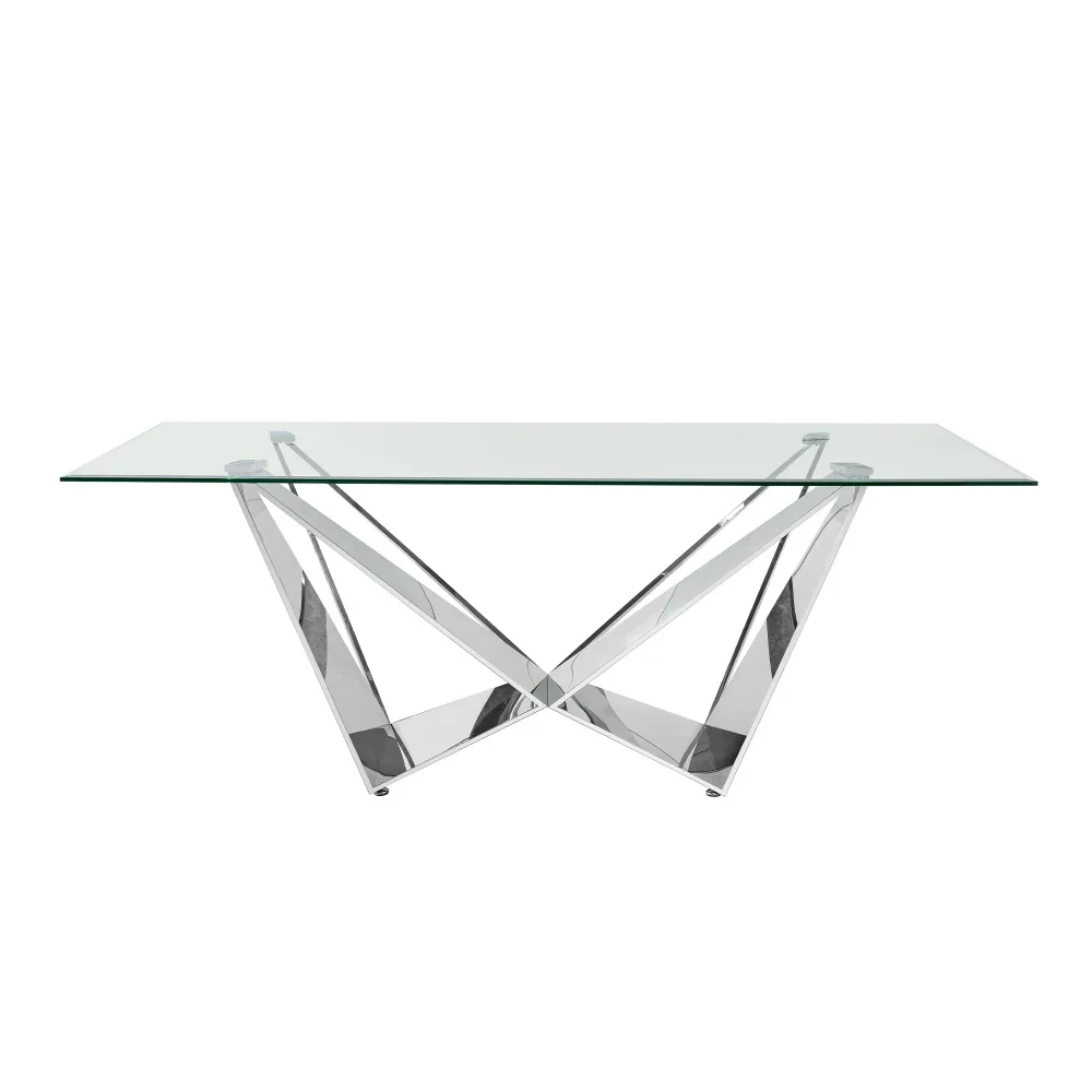 Dining Tables for 6-8 People Clear Glass with Polished Stainless-Steel Dining Table,Rectangular Table,Dining Room Furniture