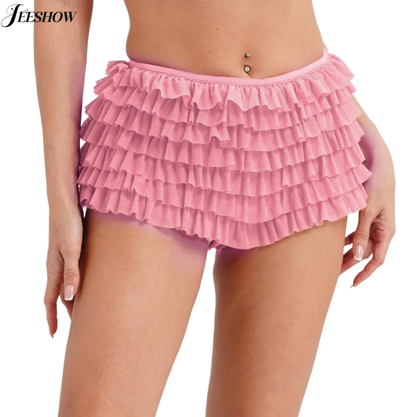 Womens Ruffle Tiered Booty Shorts Lolita Bloomers Elastic Waistband Mesh Layered Booty Shorts Y2K Hot Pants Street Look Clubwear