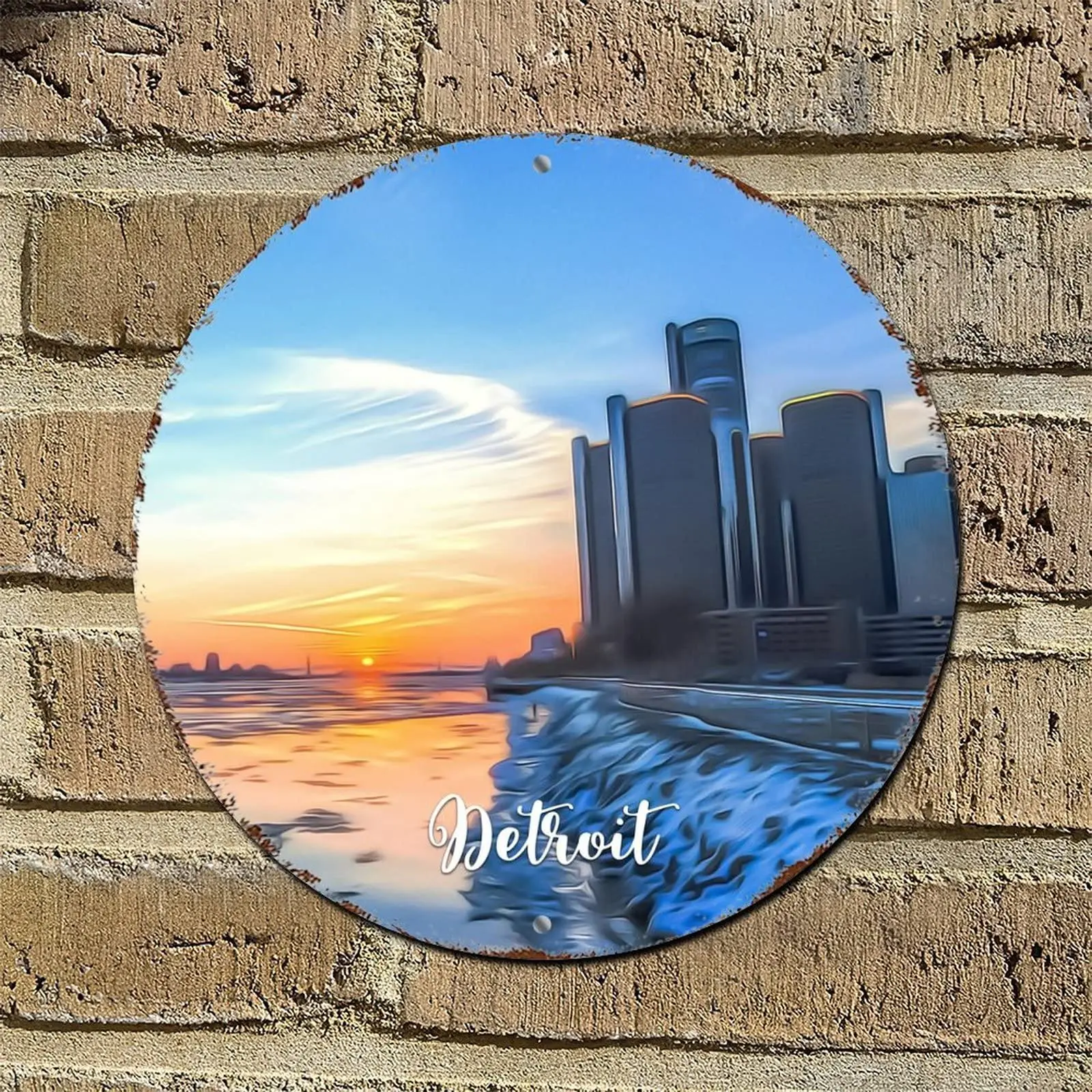 American Michigan Detroit Sign for Wall Vintage Tin Sign Detroit City Skyline Landscape Metal Wall Art Weatherproof Modern Wall 