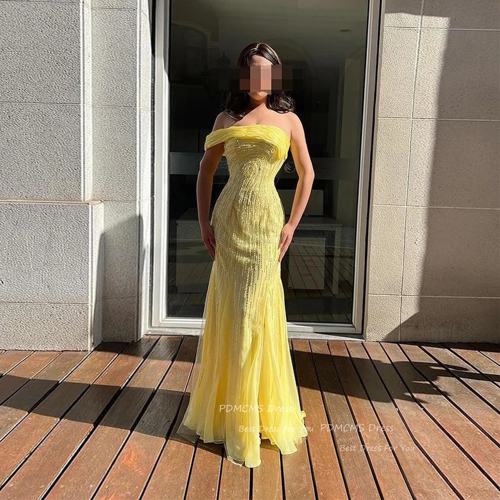 Luxury Yellow Mermaid Evening Dresses Off One Shoulder Prom Dress Shiny Sequins Customized Formal Party Gowns For Women Vestidos