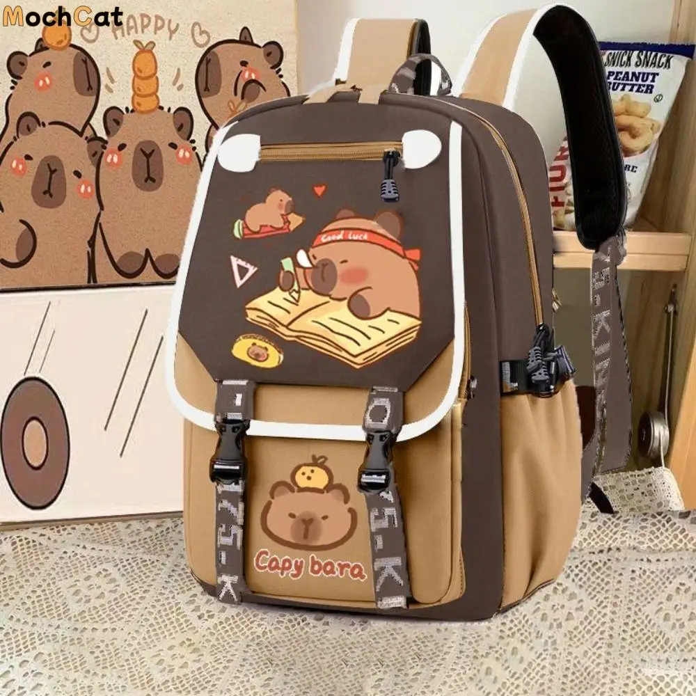

Рюкзак с капибарой и несколькими отделениями, водонепроницаемая ткань Оксфорд, школьная сумка с мультяшными животными, многофункциональные широкие ремни