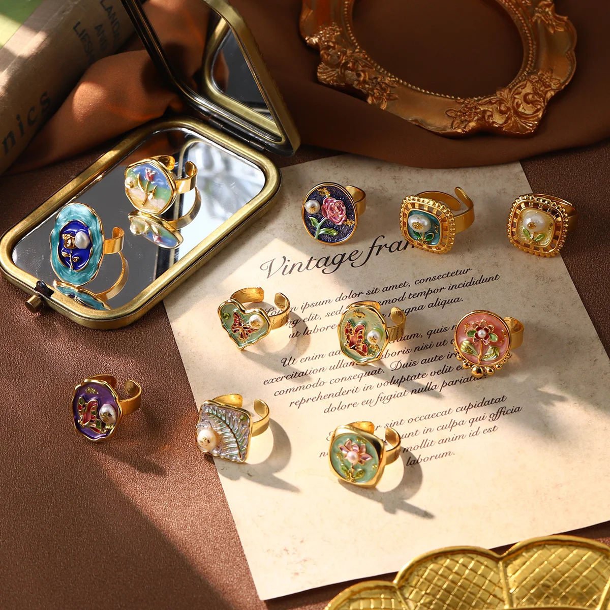 Pierścionki w stylu vintage, francuskie romantyczne, dla kobiet, barokowe, z perłami, emalią, luksusowa biżuteria, obraz olejny, róża, motyl, elegancki prezent.