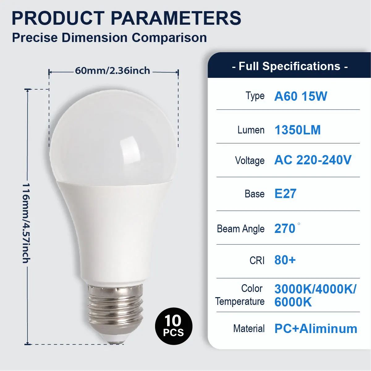 10Pcs A60 E27 LED Lamp,AC 220-240V Non-Flickering,15W 1350LM Output,3000K/4000K/6000K Warm Neutral Cool White Household Lighting