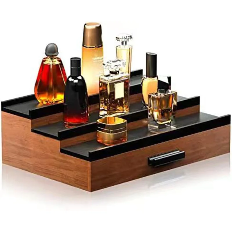 

3-Tier Black Walnut Cologne Organizer with Drawer Elegant Men's Perfume Display Stand Artisanal Storage Showcase for Home Decor