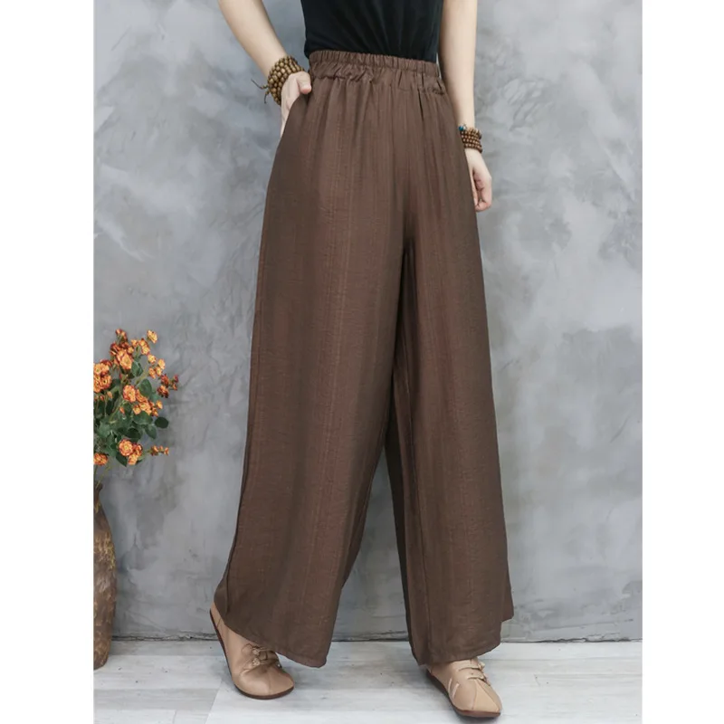 Casual Simplicity Women's Elastic Waist Wide Leg Cropped Pants All-match Fashion Solid Color Trousers Summer Female Clothing