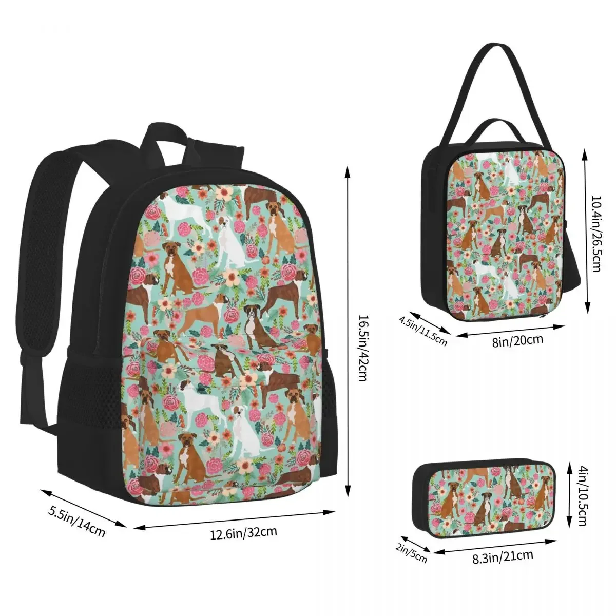 Boxer Floral Dog Breed Gifts Boxer Dogs Must Have Boxers Pet Lover Backpacks Bookbag Rucksack Lunch Bag Pen Bag Three-Piece Set