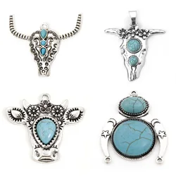 2-5pcs Bohemian Style Pendants Antique Silver Color Cow Head Crescent Moon Double Horn Resin Imitation Turquoise Charms Jewelry
