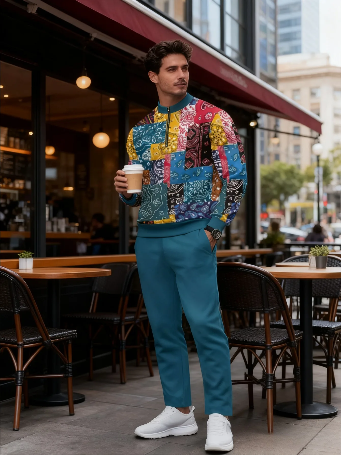 Ensemble 2 pièces, ensemble haut à manches longues et pantalon long de sport à la mode pour hommes européens et américains