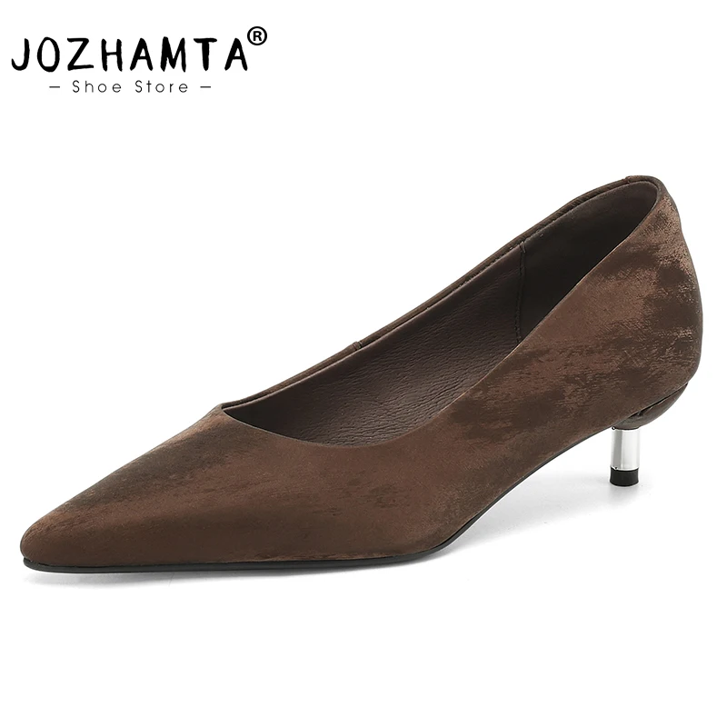 JOZHAMTA Women Pumps Elegant Pointy Toe Real Leather Thin Mid Heels Shoes Ins Spring 2025 Vintage Office Lady Daily Size 33-40