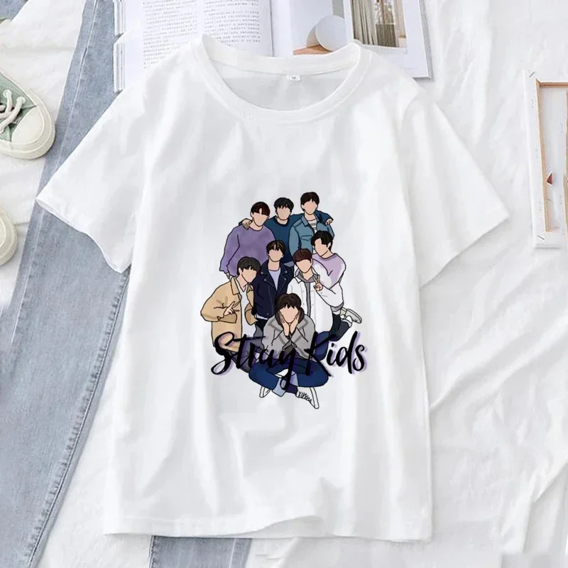 Band Stray Kids 100% Cotton Print T-Shirt Women Cartoon TShirts Korea Harajuku Gothic Tops Boys Girls Kpop Streetwear Clothes