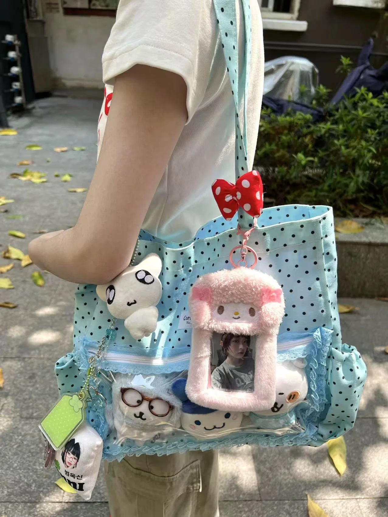 Neue süße Hand Ulzzang Y2k Ita Tasche für Mädchen große Kapazität modische Polka Dot Canvas Umhängetasche lässig Pendeln Einkaufstasche – Detail 4
