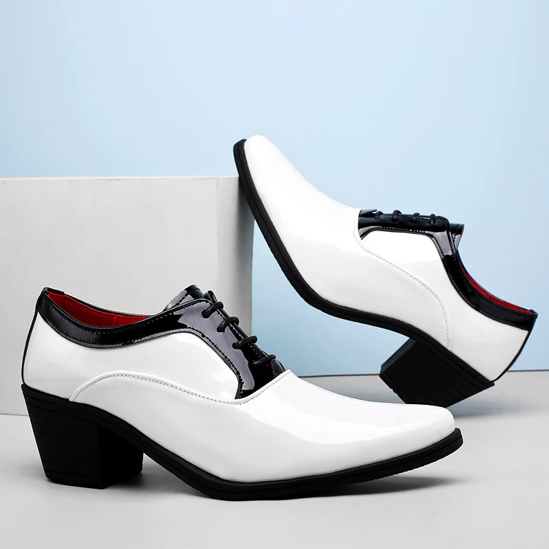 Fashion Shiny White Black Office Heels Men Formal Shoes Genuine Leather Platform Wedding Shoes Men Dress Shoes zapatos de vestir