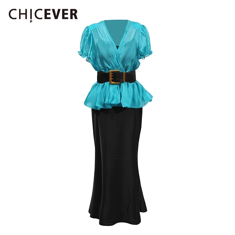 

CHICEVER Hit Color Two Piece Set for Women V Neck Short Sleeve Blouse High Waist Spliced Sashes Elegant Slim Midi Skirt Female
