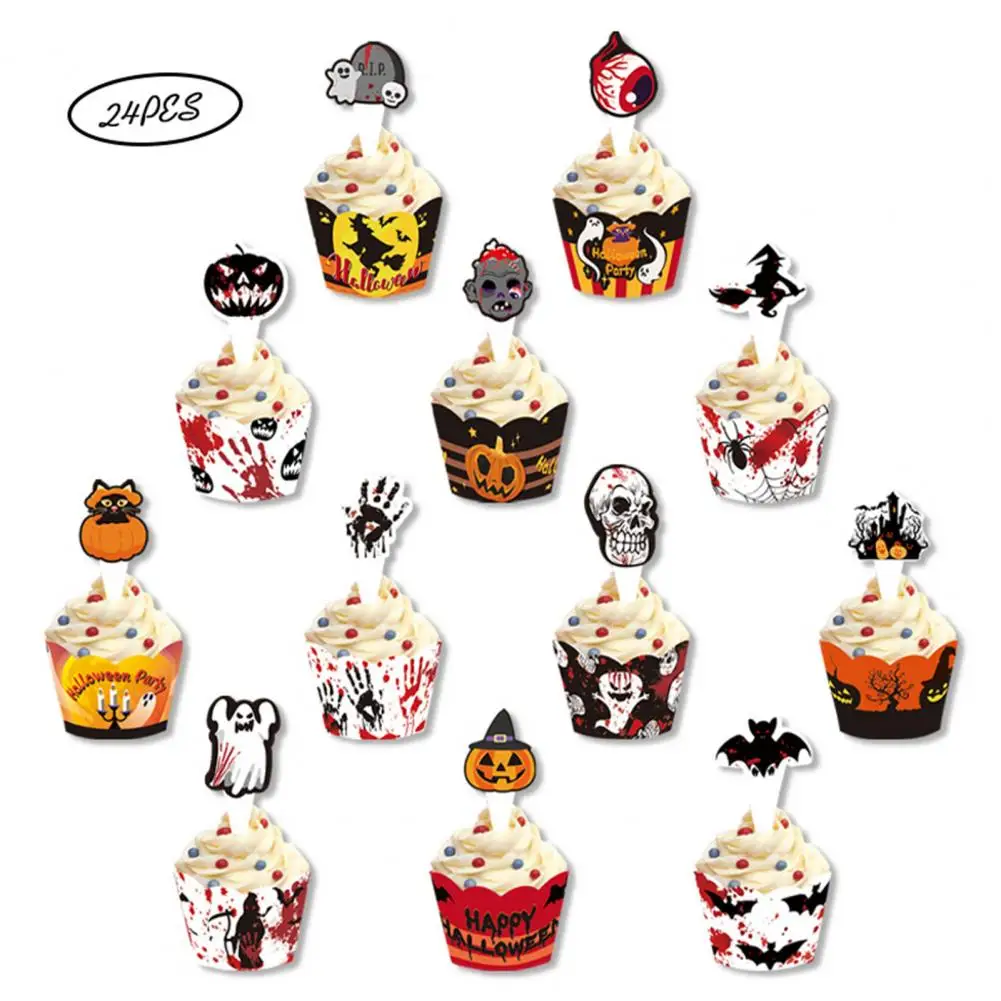 12Pcs Spooky Halloween Cupcake Toppers Paper Cupcake Inserts for Party Desserts decoración hogar