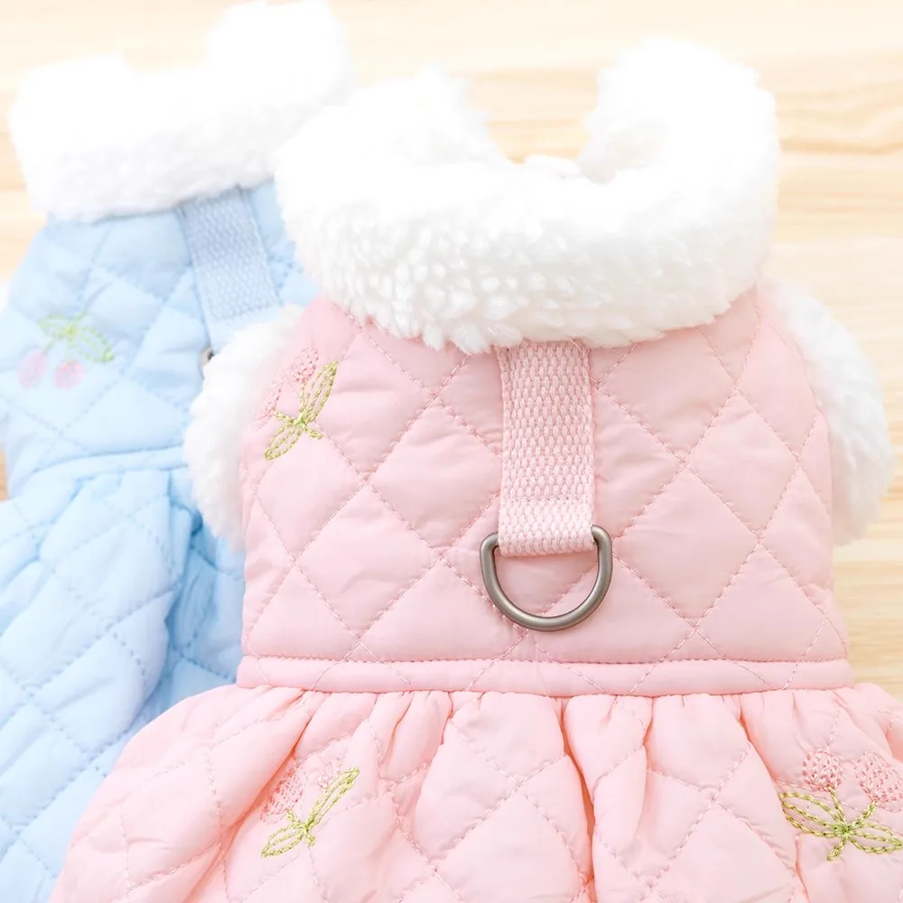 Winter Warm Harness Dresses For Small Dogs Pink Blue Fur Neck Pet Clothes Thicken Chihuahua Bichon Princess New Year Apparel XS