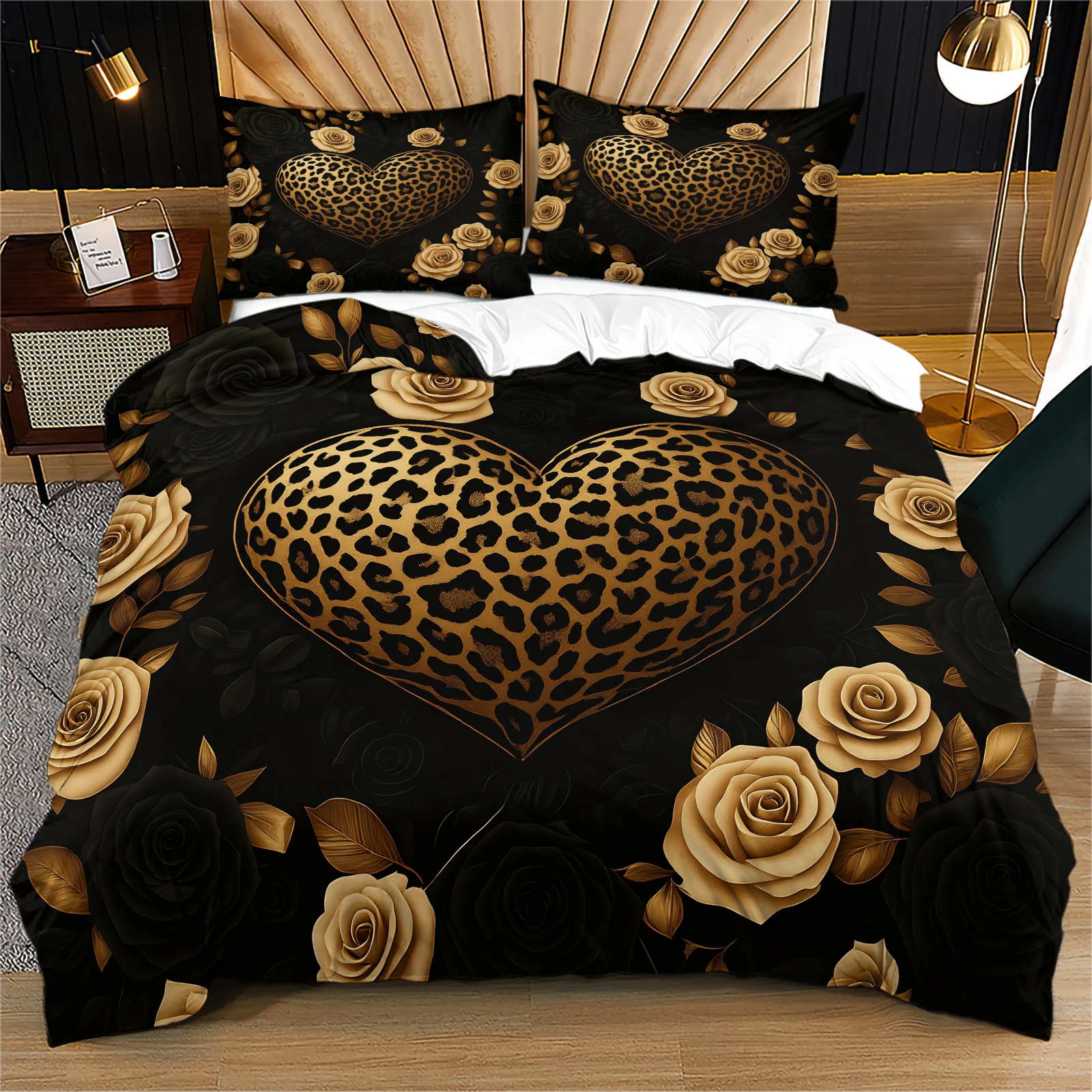Luxury Glam Gold Leopard Heart Black Golden Rose 2/3 Piece Duvet Cover Set Wrinkle Resistant Bedding For Girl Dorm Bedroom