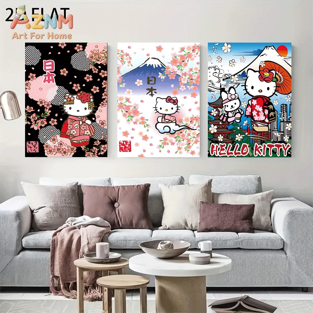 AZNM Hello Kitty Canvas Wall Art Unframed Cute Cartoon Print Poster Japanese Ukiyo-e Sakura Mount Fuji Kimono Design for Girls B