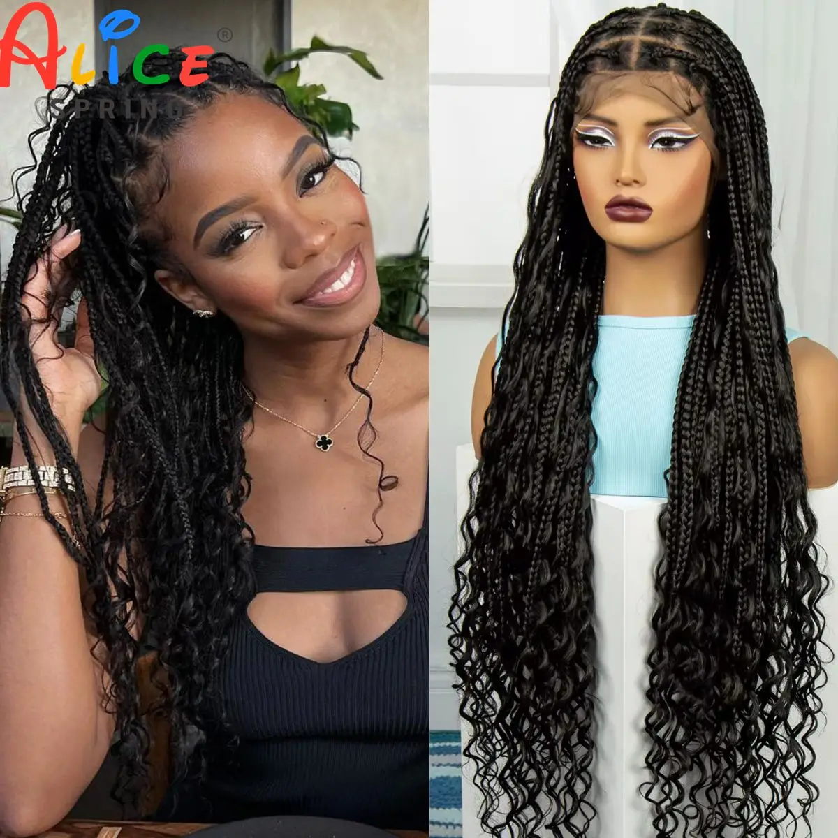 38 Inches Full Lace Knotless Box Braided Wigs with Curly Ends Synthetic Boho Braided Lace Wigs with Baby Hair For Black Women