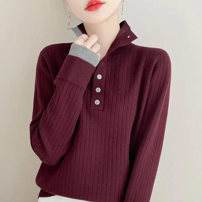 Women’s Vintage Long Sleeve Sweaters Autumn/Winter Buttons Turtleneck Pullover Fashion Trends Soft and Comfortable Knitwear Tops