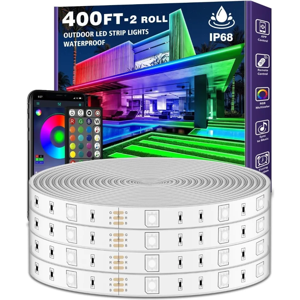 LED Strip Light, 400ft, IP68 Outdoor Waterproof, with App and Remote, with Self-Adhesive Back, Outdoor LED Rope Lights