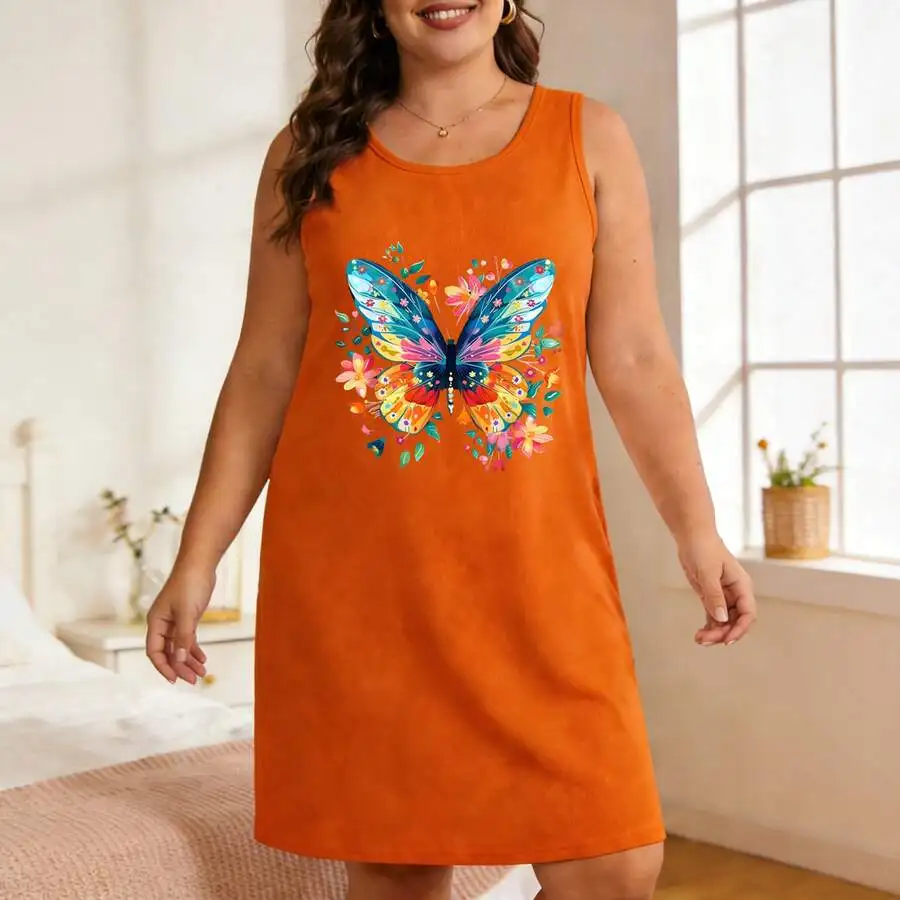 

Plus Size Womens Orange Butterfly Print Sleeveless Dress, Soft Polyester Loungewear