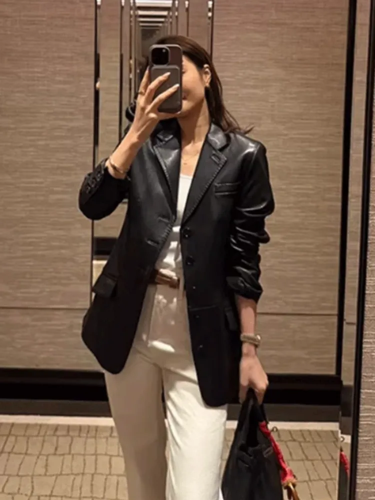 Elegant Ladies Genuine Leather Suit Jacket Slim Fit Lapel Single Breasted Office Women Vintage Design Real Sheepskin Black Coat