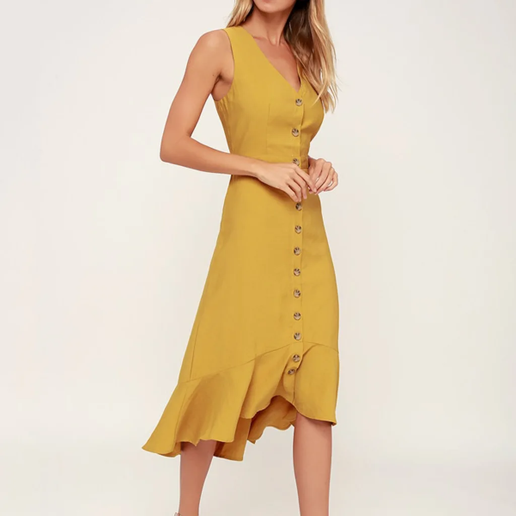 Women's Yellow Sleeveless V Neck Button Front Cutout Back Fitted Waist Ruffled Hem Midi Dress Autumn Casual Fashion
