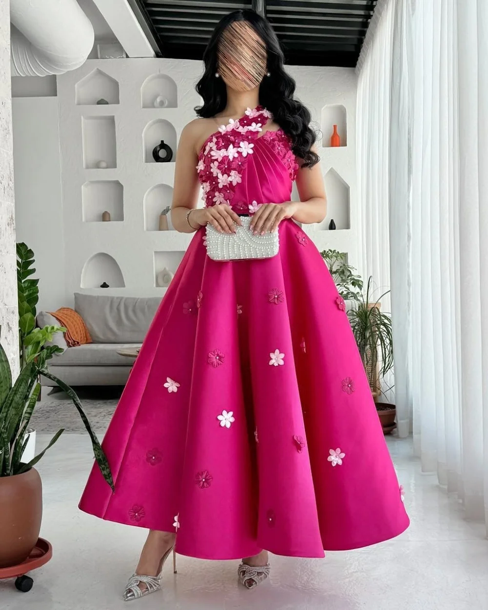 Customized Sparkle Pleat Applique A-line One-shoulder Midi Dresses Bespoke Occasion  Matching Fashion