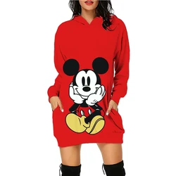 New Disney Series Mickey Mouse Minnie Hoodie Print Hooded Sweater Dress Casual Street Style Ladies Warm Sweater Dress