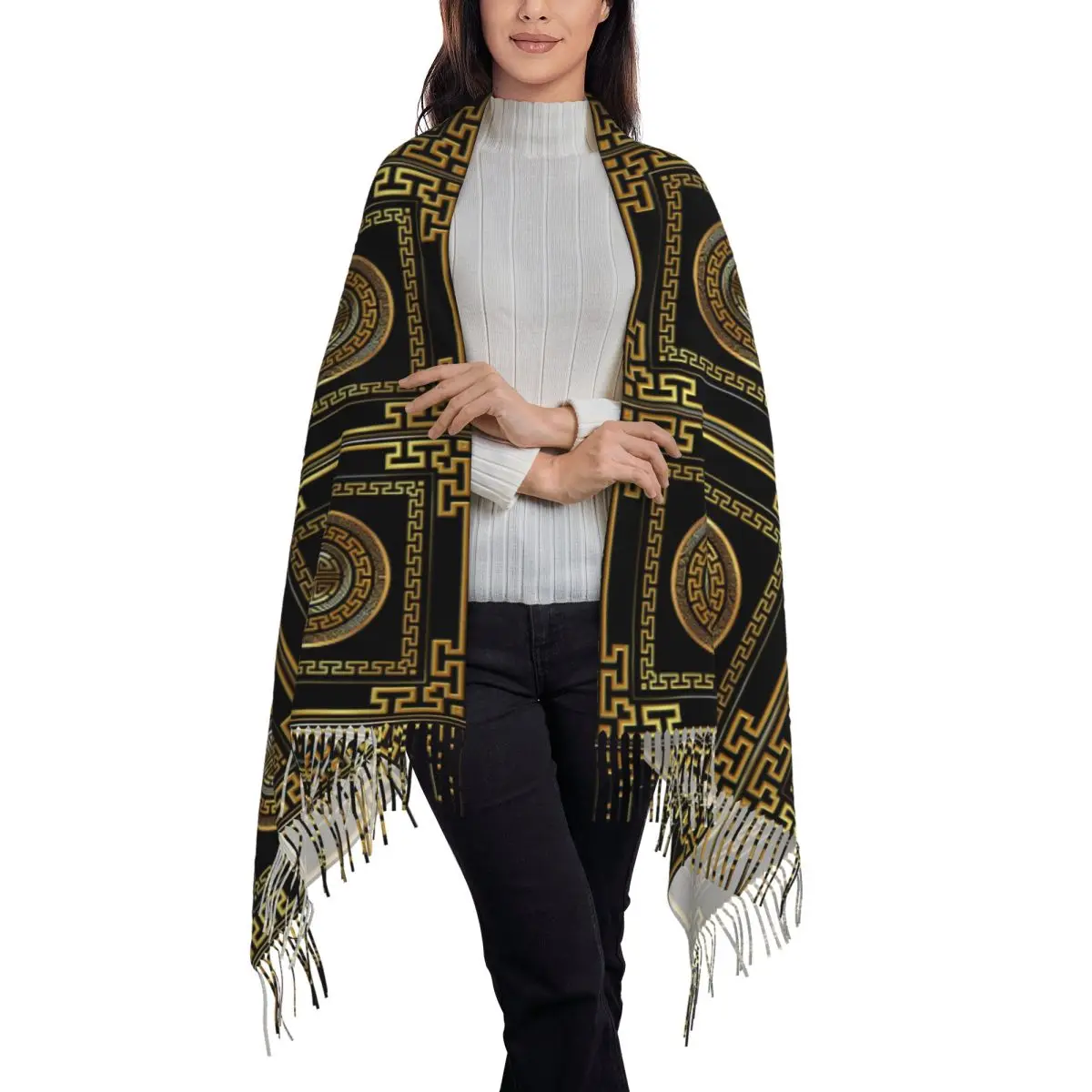 Griechische Schlüssel Schal Quaste Schals für Frauen weiche warme Schals und Wraps große Herbst Winter Schal Wrap