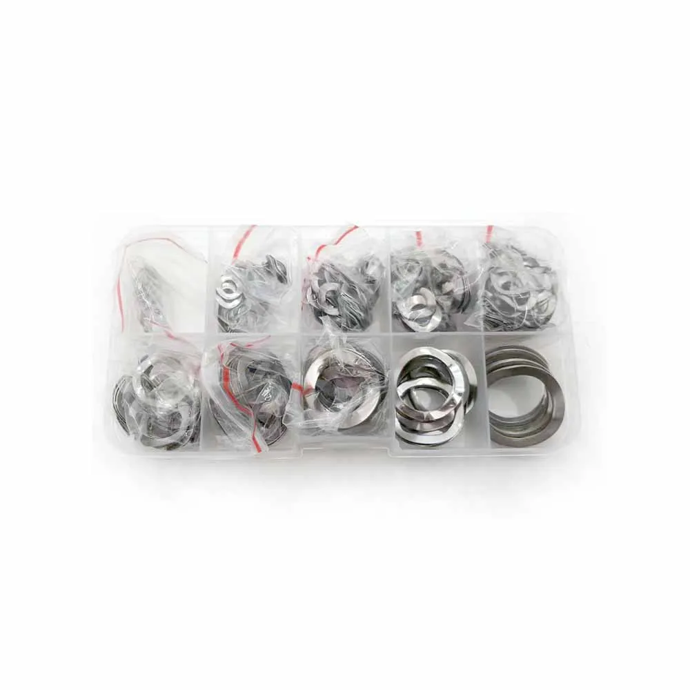 1Box 350pcs/set M3 M4 M5 M6 M8 M10 M12 M14 M16M19 304 Stainless Steel Three Wave Crest Type Spring Washer Gasket  Assortment Kit