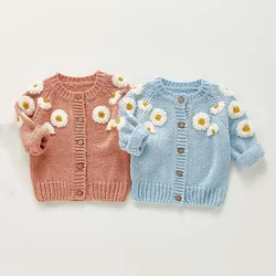 Autumn Newborn Girls Cardigan Sweater Coat Infant Girls Long Sleeve Daisy Flower Top Toddler Baby Girl Clothes Embroidered Coats