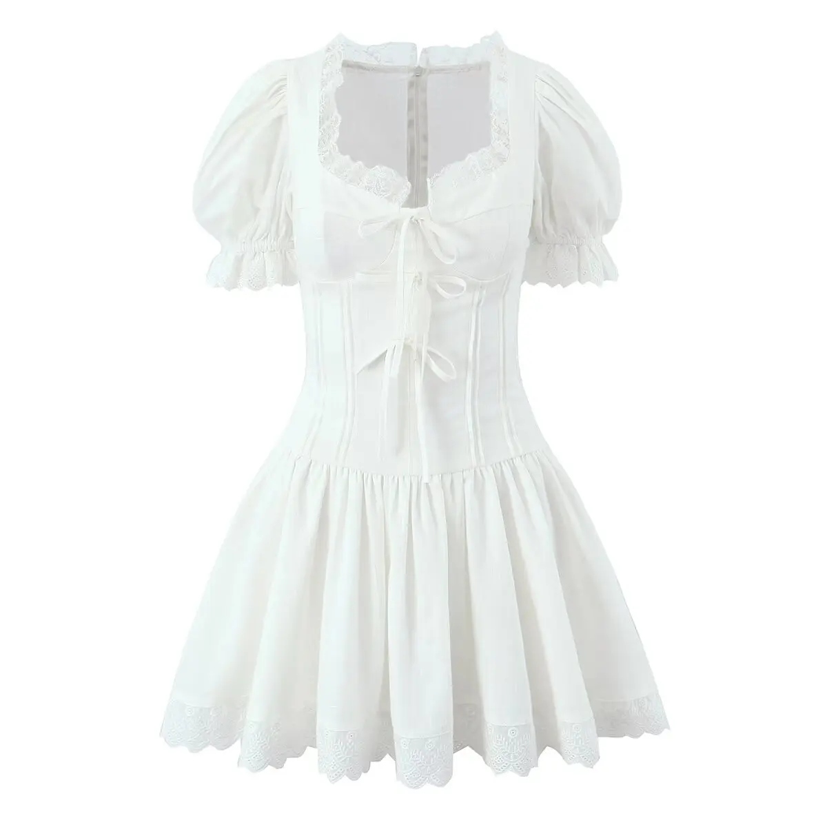 2025 Sweet White Splice Lace Square Collar Bow Front Short Puff Sleeve Dress Women Lace Hem Low Waist Dresses Mini Cake Robe