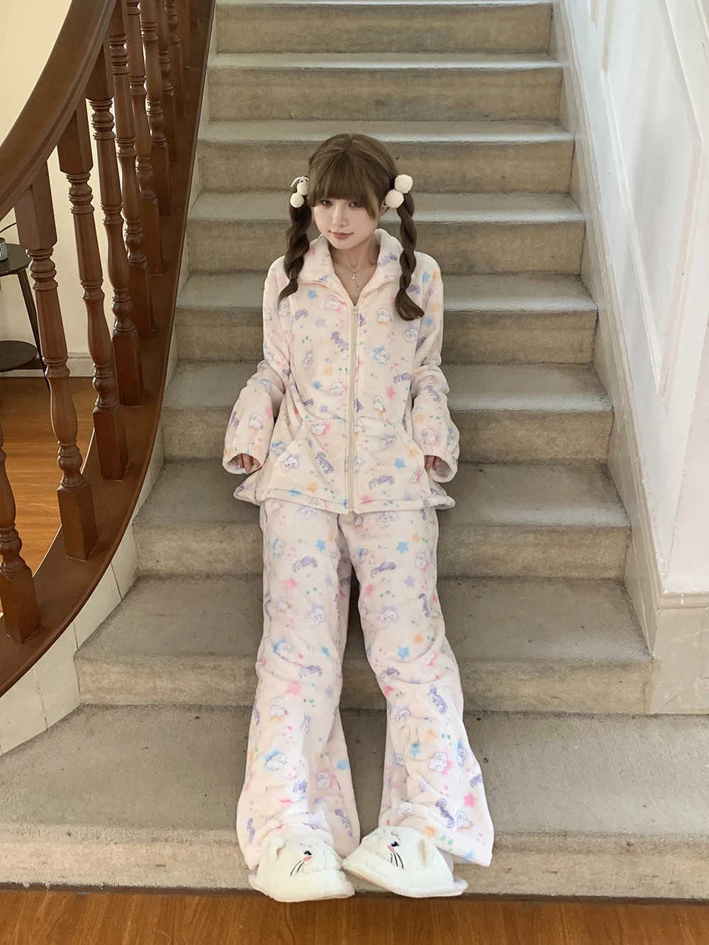 Sweet Girl Japanese Original Ins Winter New Flannel Cute Pajamas Casual Cartoon Warm Long Sleeve Zipper Loungewear Set