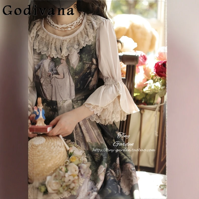 

Original Lace Flare Sleeves Shirt Lolita Sweet Girl Women's Round Neck Solid Color Blouse Female Blusas Tops 2025 New Summer