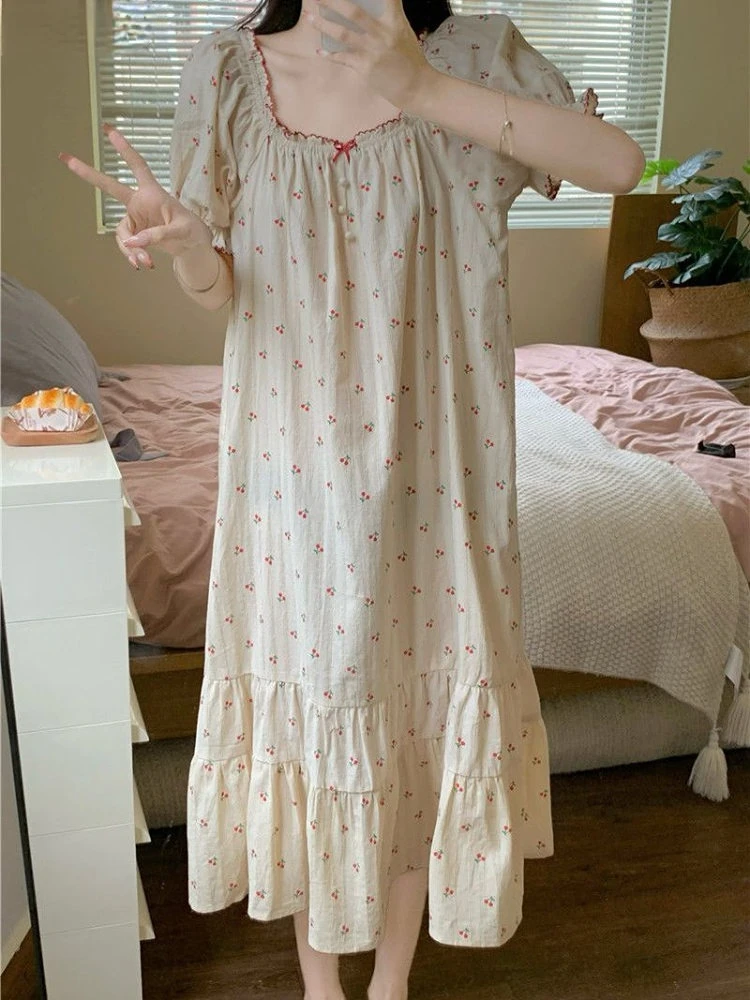 Nightgowns Women Summer Sweet Thin Leisure Chic New Students Ruffles Gentle Printed Prairie  Young Simple Vintage Sleepwear